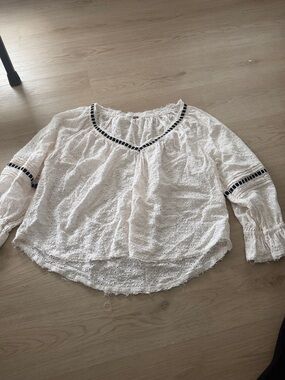 Free People White Eyelet Peasant Blouse with Black Trim